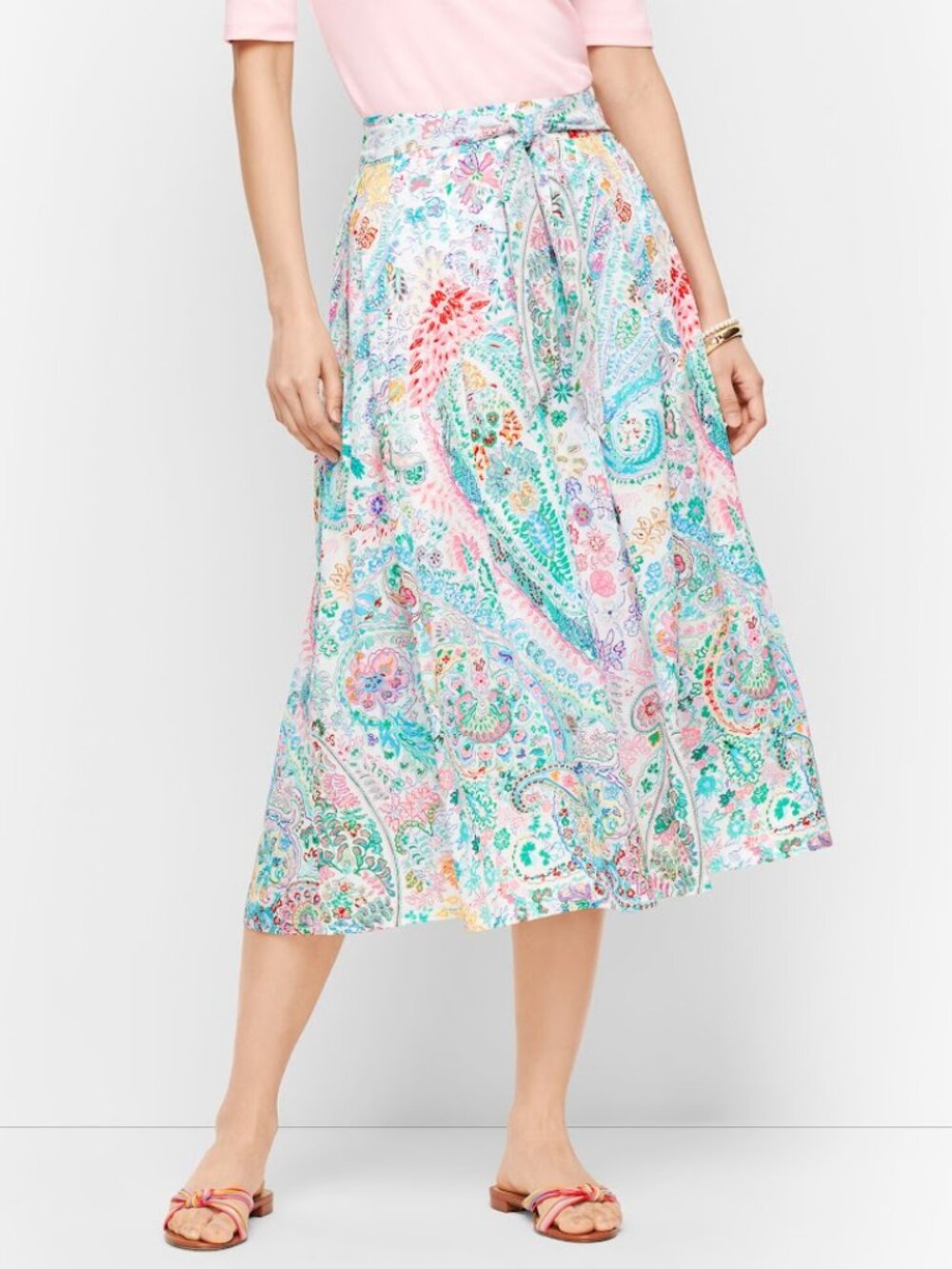 Talbots 6 Festive Floral Paisley Pleated Tie Waist Midi Skirt